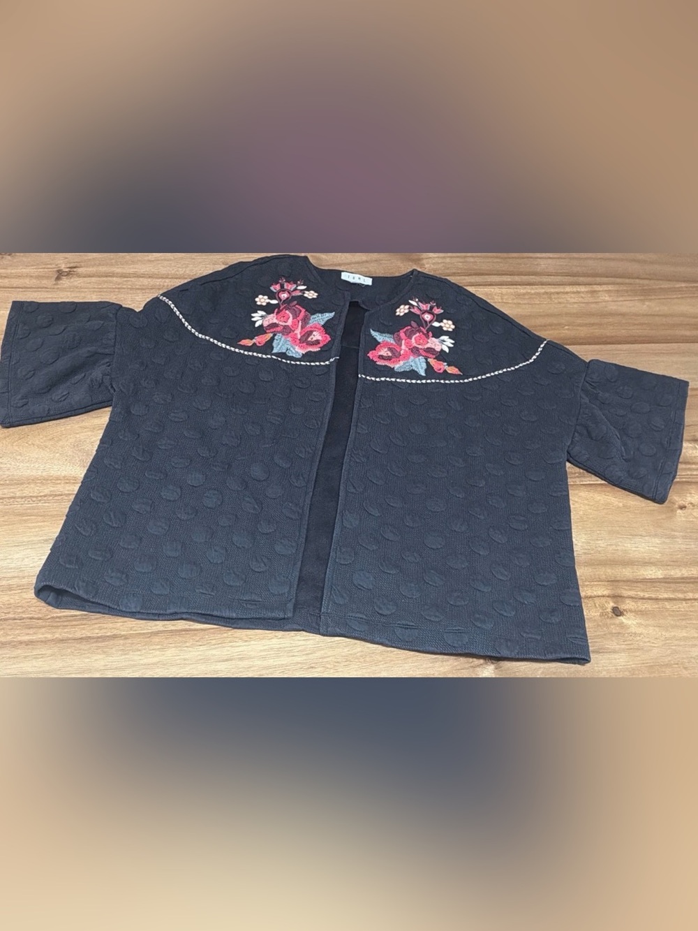 Boho THML Embroidered Floral Dot Open Tunic Jacket Size M Peasant Textured